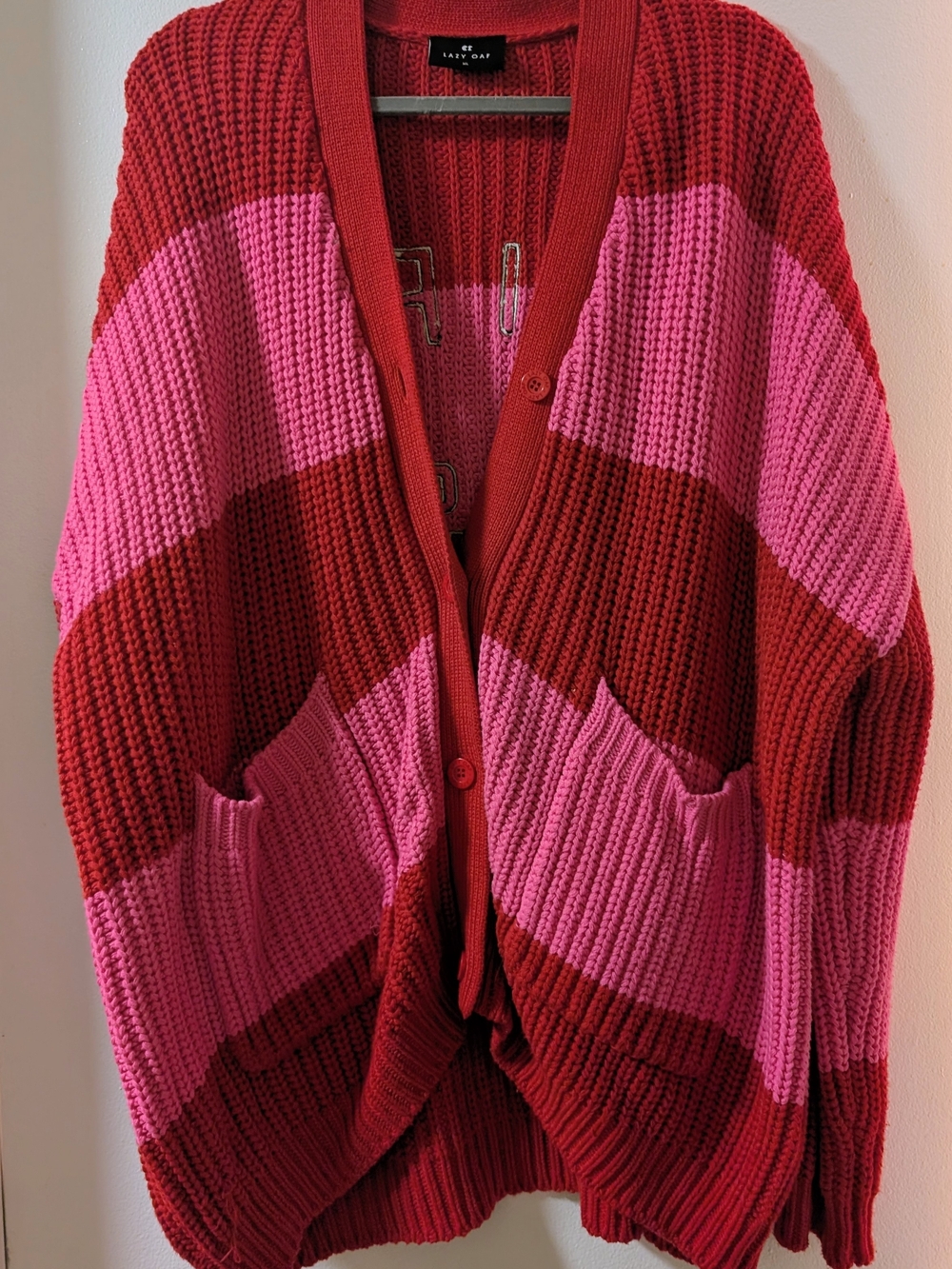 Lazy Oaf Life Is Hard Red And Pink Knit Oversized Cardigan